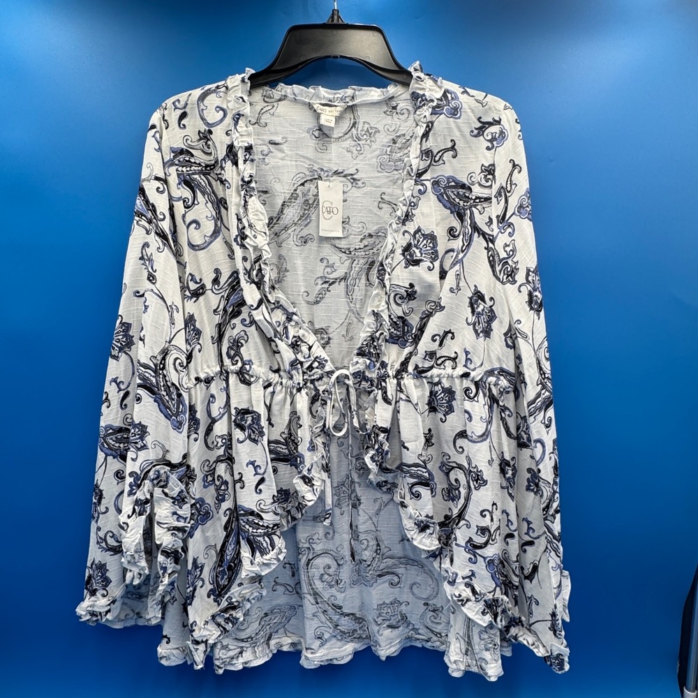 Cato Paisley Ruffle Open Front Cardigan Tie Waist Blue White Medium NWT